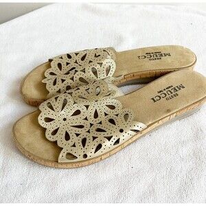 Sesto Meucci Womens Gold Senna Floral-Cut Leather Slide Sandal Italy Sz 11 NWOB